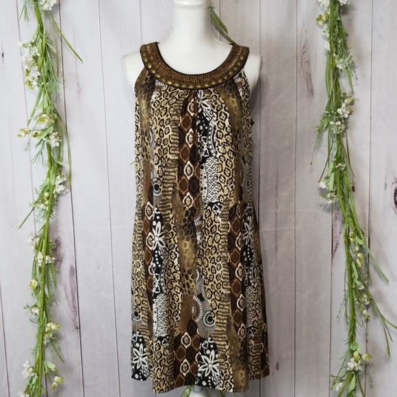 Elementz sz M Shift Dress Brown Black Beaded - Picture 7 of 7